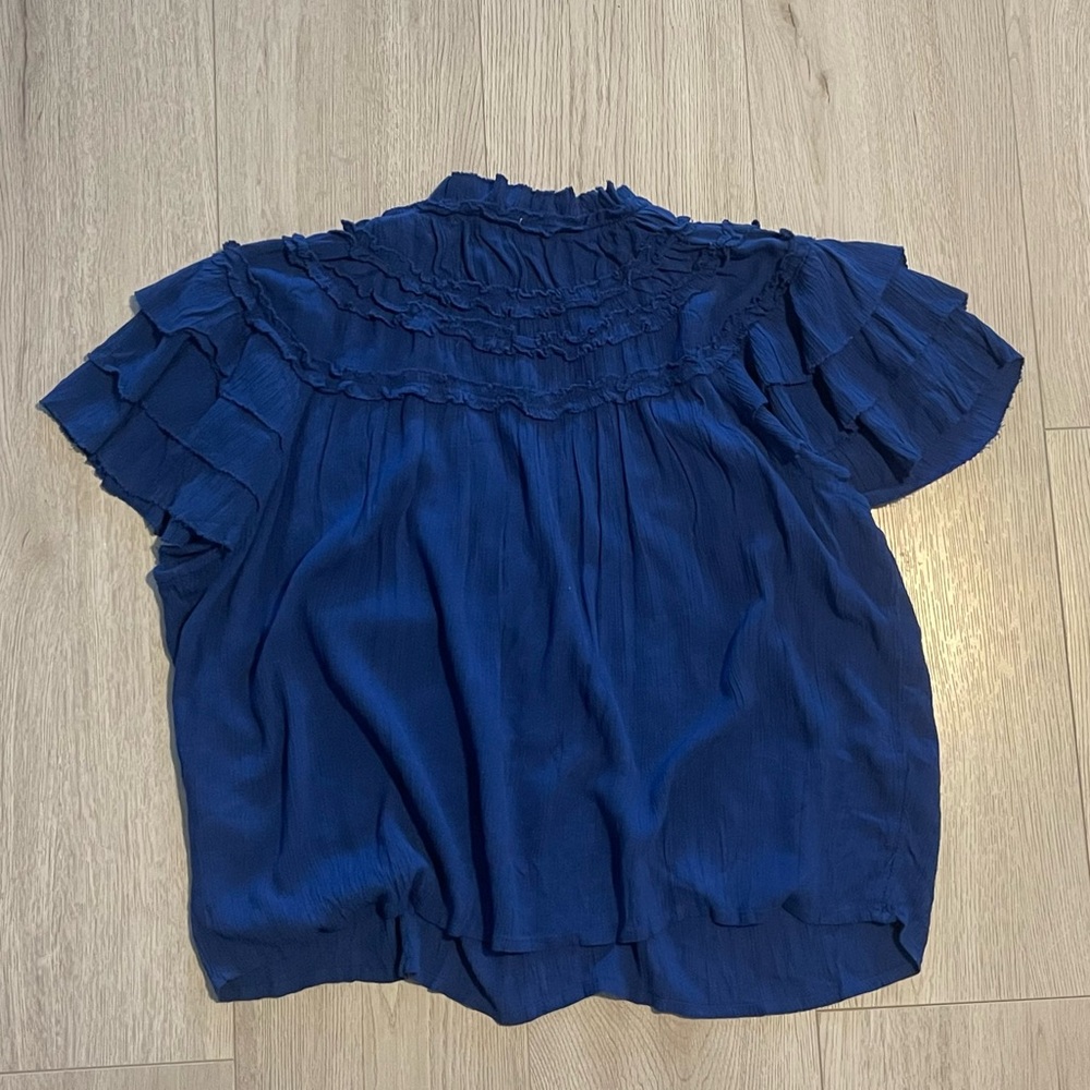 Anthropologie Maeve Short-Sleeve Ruffle Yoke Blouse - Cobalt Blue - Picture 6 of 6